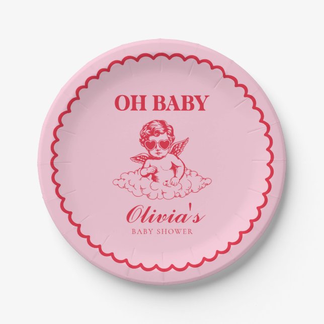 Pink and Red Retro Cherub Baby Shower Pappteller (Vorderseite)