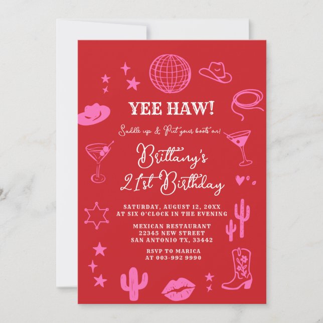 Pink and Red Rodeo Disco Ball Any Age Birthday  Einladung (Vorderseite)