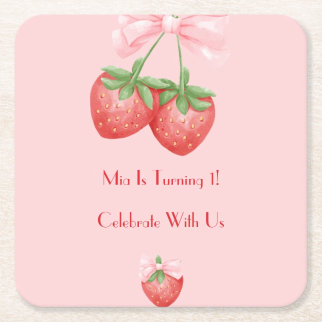 Pink and Red strawberries birthday  Rechteckiger Pappuntersetzer (Vorderseite)