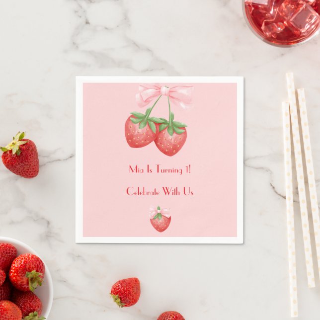 Pink and Red strawberries girl birthday  Serviette (Beispiel)