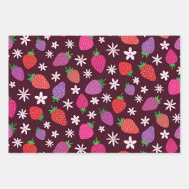 Pink and red strawberry pattern floral geschenkpapier set