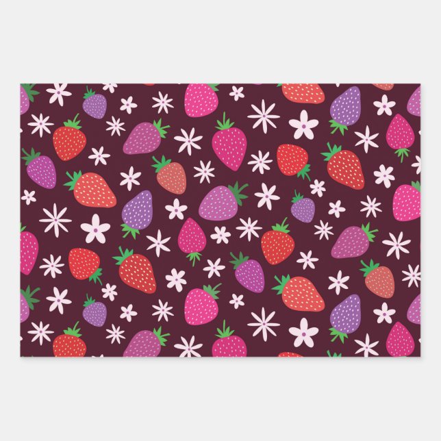 Pink and red strawberry pattern floral  geschenkpapier set (Vorderseite)