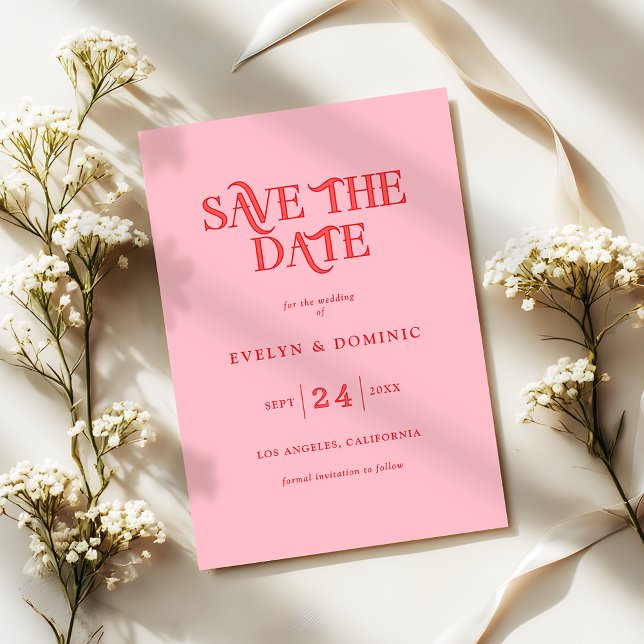 Pink and Red Typography Retro Modern Wedding Save The Date (Von Creator hochgeladen)