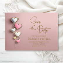 Pink and Silver Hearts Wedding Save the Date
