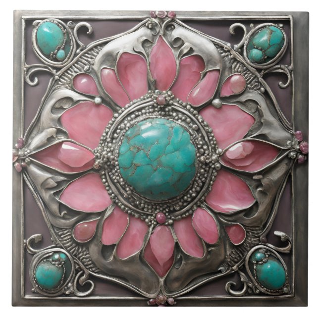 Pink and Teal Art Nouveau Mosaic Tile Pattern Fliese (Vorderseite)