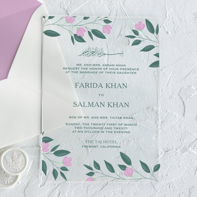 Pink and Teal Green Branch Islamic Muslim Wedding Acryleinladungen (Von Creator hochgeladen)