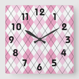Pink and White Argyle Wall Clock Quadratische Wanduhr