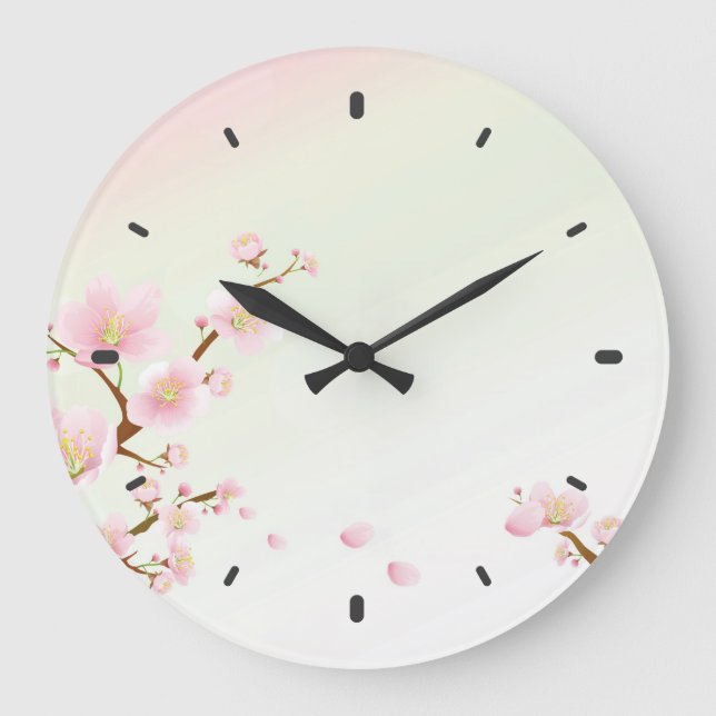 Pink And White Cherry Blossom Nature Monogram Große Wanduhr (Vorderseite)