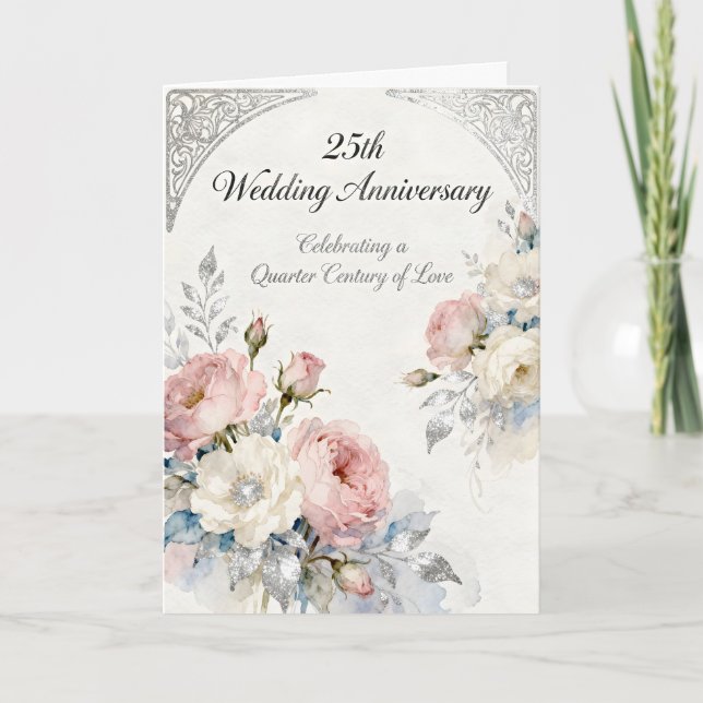 Pink and White Flowers 25th Wedding Anniversary Karte (Vorderseite)
