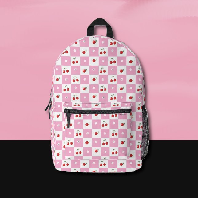 Pink and White Gingham Pattern Cherry Backpack Bedruckter Rucksack (Whimsical pink and white Gingham pattern backpack with a cherry theme . )