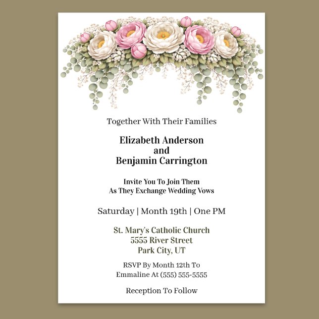 Pink and White Peony Wedding Einladung (Elegant pink and ivory peony floral wedding invitation)