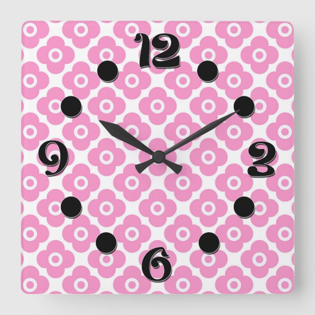 Pink and white simple floral pattern quadratische wanduhr (Vorderseite)