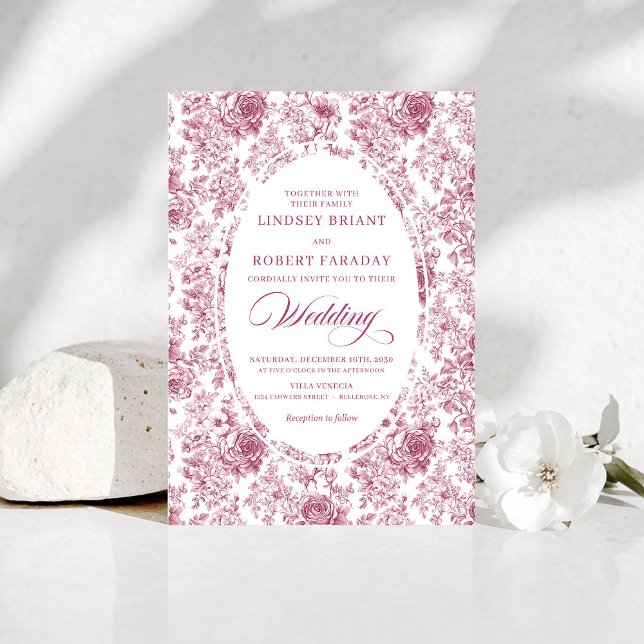 Pink and White Toile Roses Wedding Invitation Einladung (Pink and White Toile Roses Wedding Invitation)