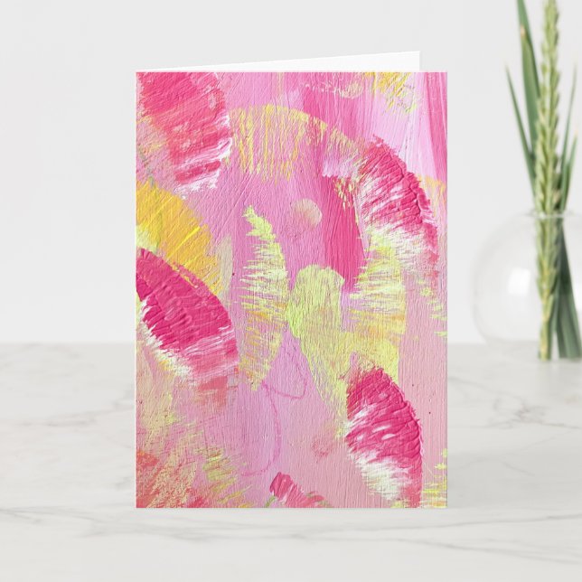 Pink and Yellow Abstract Art Folded Note Card (Devant)