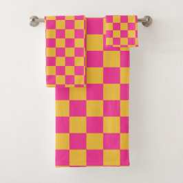 Pink and Yellow Checkerboard Badhandtuch Set