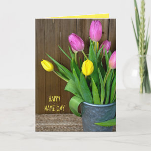 pink and yellow tulips in bucket Name Day Karte