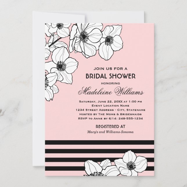 Pink Anemone Floral Wedding Brautparty Einladung (Vorderseite)