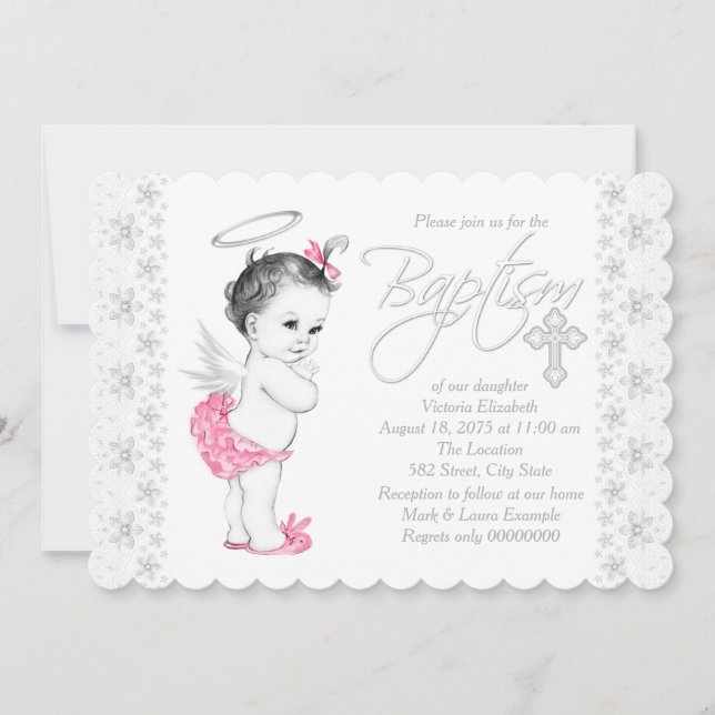Pink Angel Baby Girl Baptisse Einladung (Vorderseite)