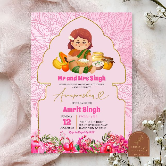 Pink Annaprashan Baby Girl Rice Fütternd Zeremonie Einladung (Von Creator hochgeladen)