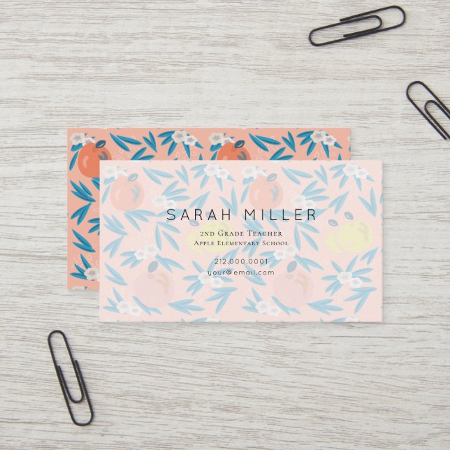 Pink Apple floral Muster Lehrer Business Card Visitenkarte (Vorderseite/Rückseite Beispiel)