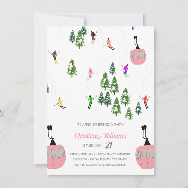 Pink Aprés Ski Skifahren Geburtstag Einladung (Vorderseite)