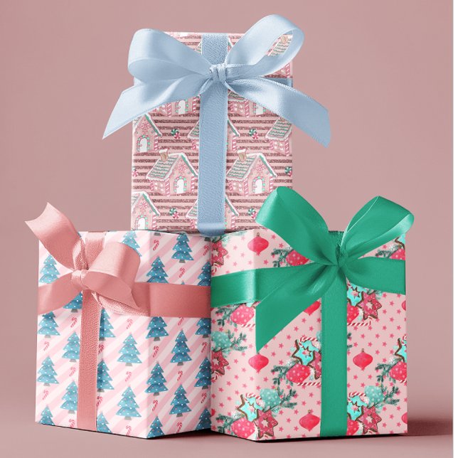Pink Aqua Blauer Weihnachtsbäume Kekse Geschenkpapier Set (Von Creator hochgeladen)