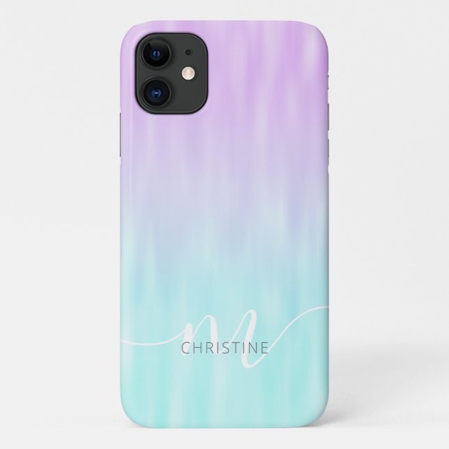 Pink Aqua Blue Pastel Ombre Chic Script Monogram Case-Mate iPhone Hülle (Rückseite)