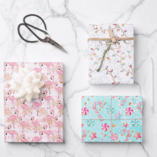Pink & Aqua Flamingos, Candy & Christmas Lights Geschenkpapier Set
