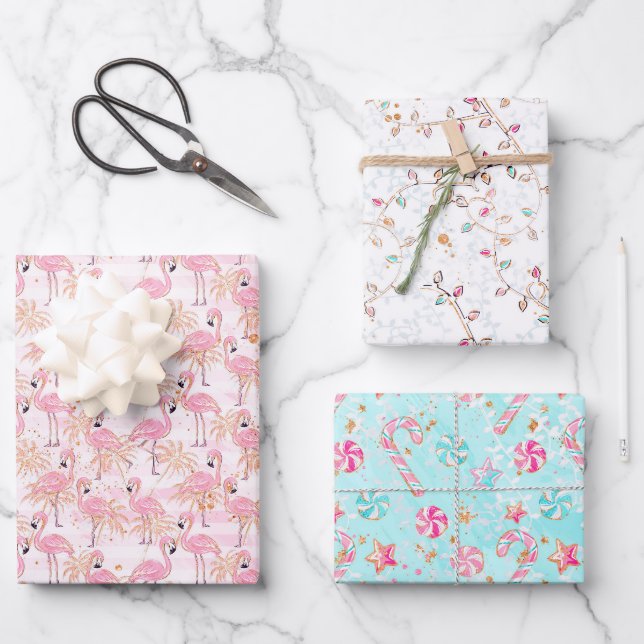 Pink & Aqua Flamingos, Candy & Christmas Lights Geschenkpapier Set (Vorderseite)