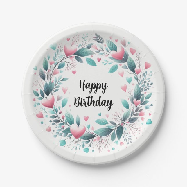 Pink Aqua Heart Birthday Wreath Pappteller (Vorderseite)