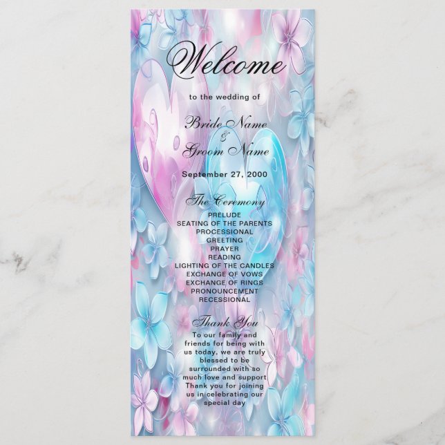 Pink Aqua Hearts and Blume Hochzeitsprogramm Programm (Vorderseite)
