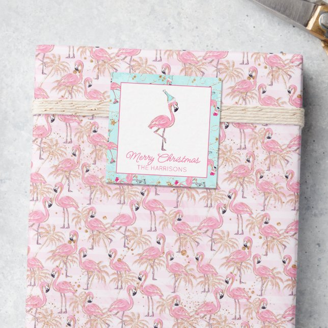 Pink & Aqua Santa Flamingo Beach Weihnachtsgeschen Mitteilungskarte (Von Creator hochgeladen)