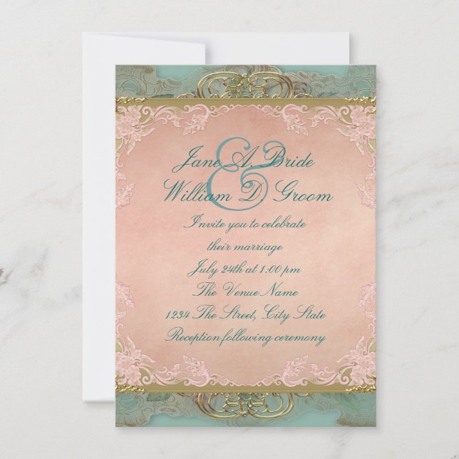 Pink Aquamarin Blue and Gold Vintage Wedding Einladung (Vorderseite)