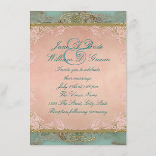Pink Aquamarin Blue and Gold Vintage Wedding Einladung