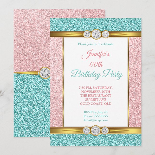 Pink Aquamarin Blue Gold Glitzer Diamond Geburtsta Einladung (Vorne/Hinten)