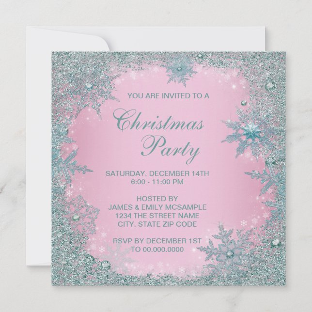Pink Aquamarin Blue Snowflake Weihnachts-Party Einladung (Vorderseite)
