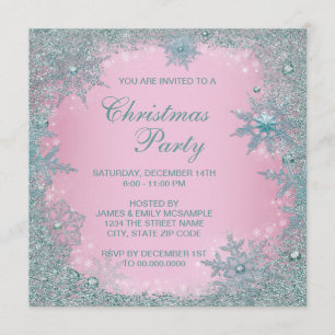 Pink Aquamarin Blue Snowflake Weihnachts-Party Einladung