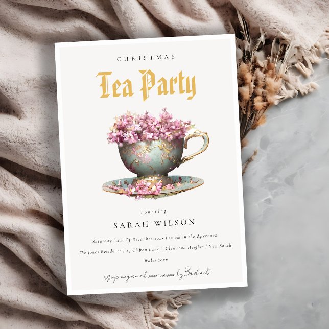 Pink Aquamarin Gold Floral Teacup Party Einladung (Von Creator hochgeladen)