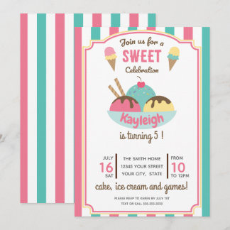 Pink Aquamarin Retro Ice Cream Kinderparty Einladung