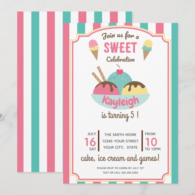 Pink Aquamarin Retro Ice Cream Kinderparty Einladung (Vorne/Hinten)