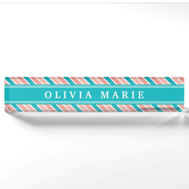 Pink-Aquamarin-Weiß-Streifen-Muster mit Name Namensplakette (Vorderseite)