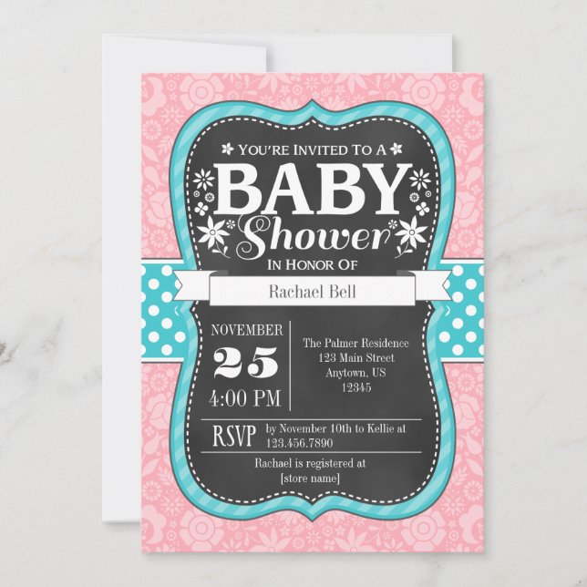 Pink Aquamarines Chalkboard Floral Baby Dusche ein Einladung (Vorderseite)