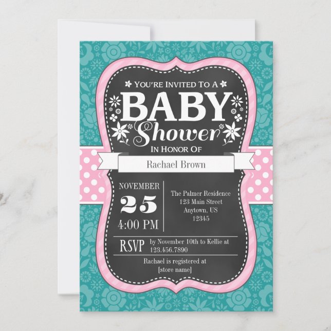 Pink Aquamarines Chalkboard Floral Baby Dusche ein Einladung (Vorderseite)
