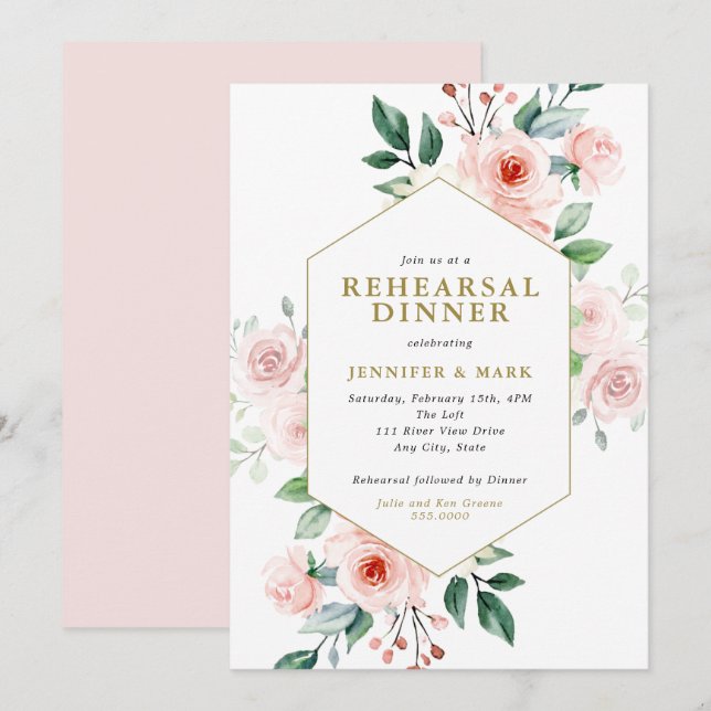 Pink Aquarell Blume Bouquet Probe Abendessen Einladung (Vorne/Hinten)
