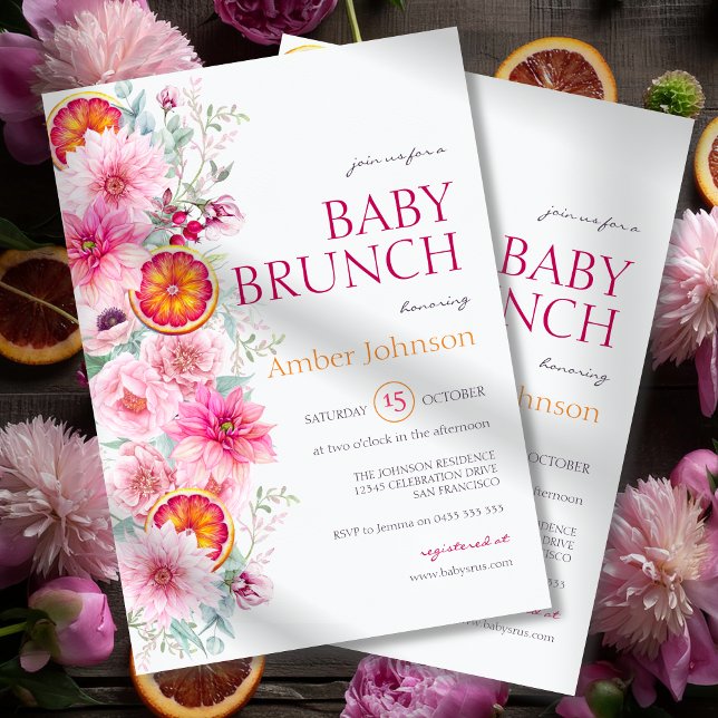 Pink Aquarell Blume und Citrus Baby Dusche Einladung (Citrus and Pink Watercolor Flowers Baby Shower Brunch, pink peonies, pink dahlias, slice of orange)