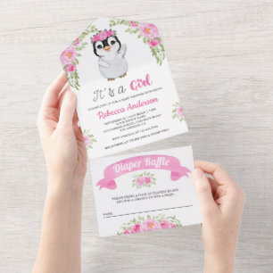 Pink Aquarell Blumenpinguin Kinderdusche All In One Einladung
