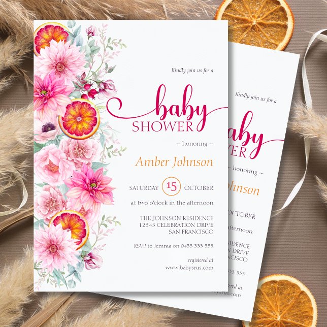 Pink Aquarell Blütendusche und Citrus Baby Dusche Einladung (Pink watercolor flowers and citrus baby shower invitation, baby girl, pink peonies, pink dahlias)