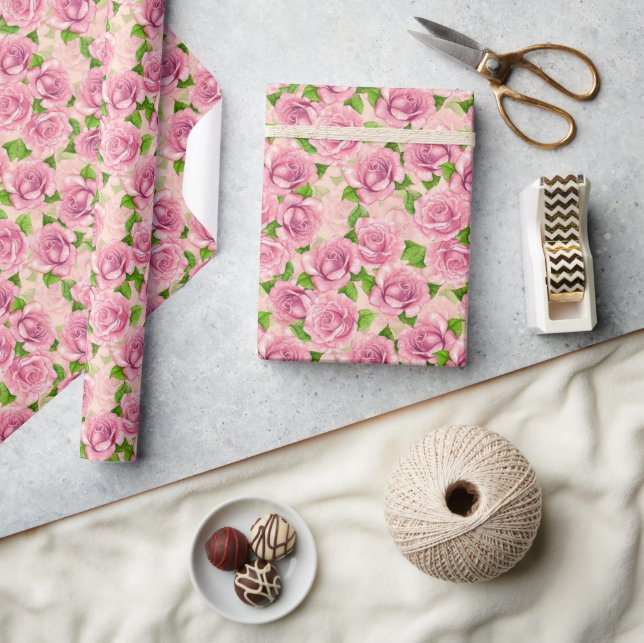 Pink Aquarell Rose Muster Packpapier (Basteln)
