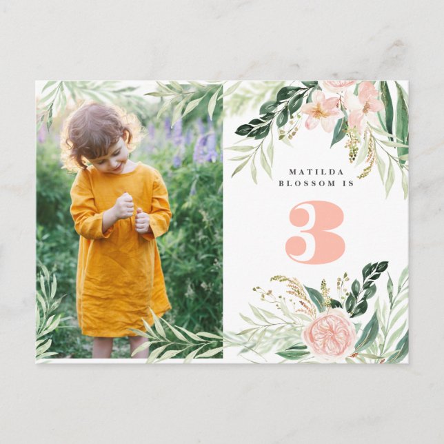 Pink aquarelle florale photo invitation anniversai (Devant)