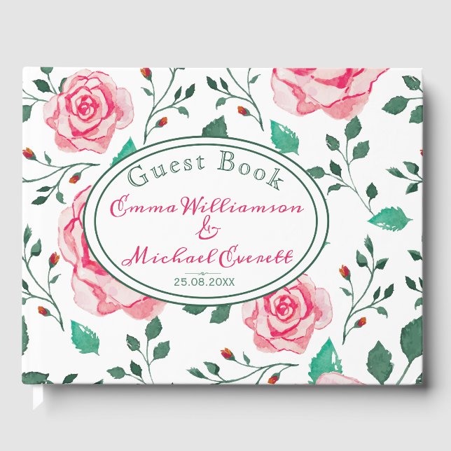 Pink Aquarellfarben-Rose und Blattmuster | Hochzei Gästebuch (Vorderseite)